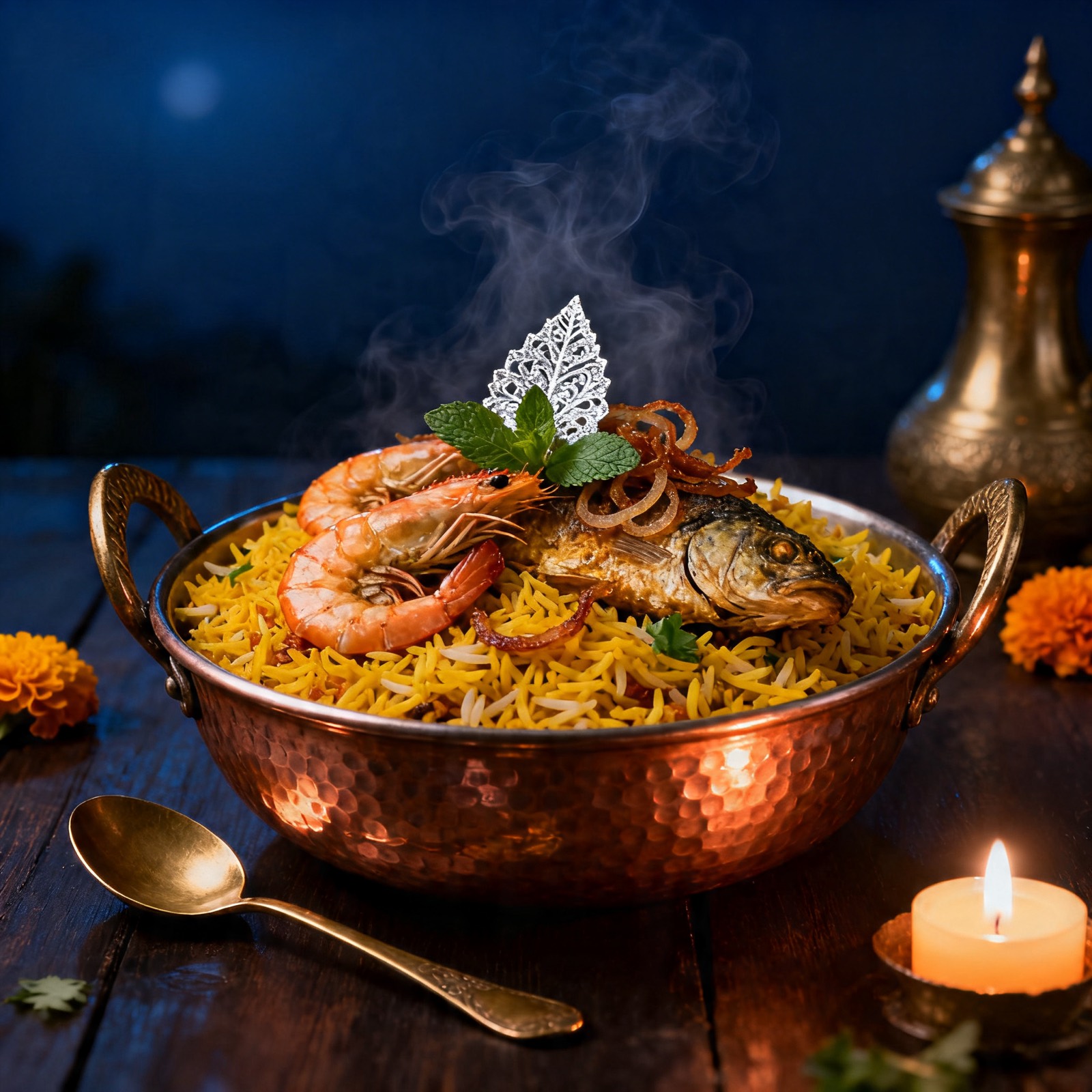 Row of hammered copper chafing dishes with brass knobs