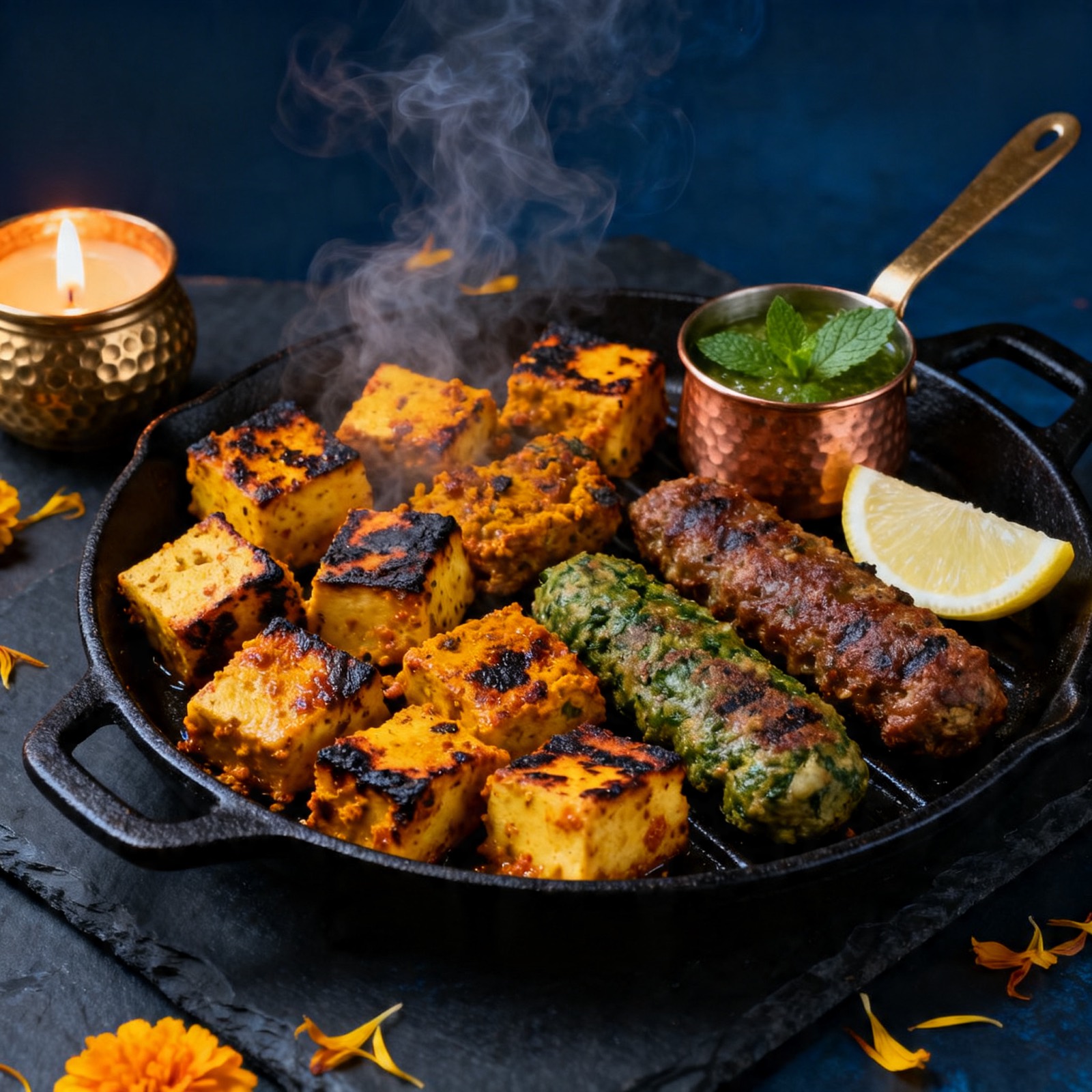 Mixed kebab platter on a cast-iron sizzler — paneer tikka, veg cutlets, hara bhara kebab