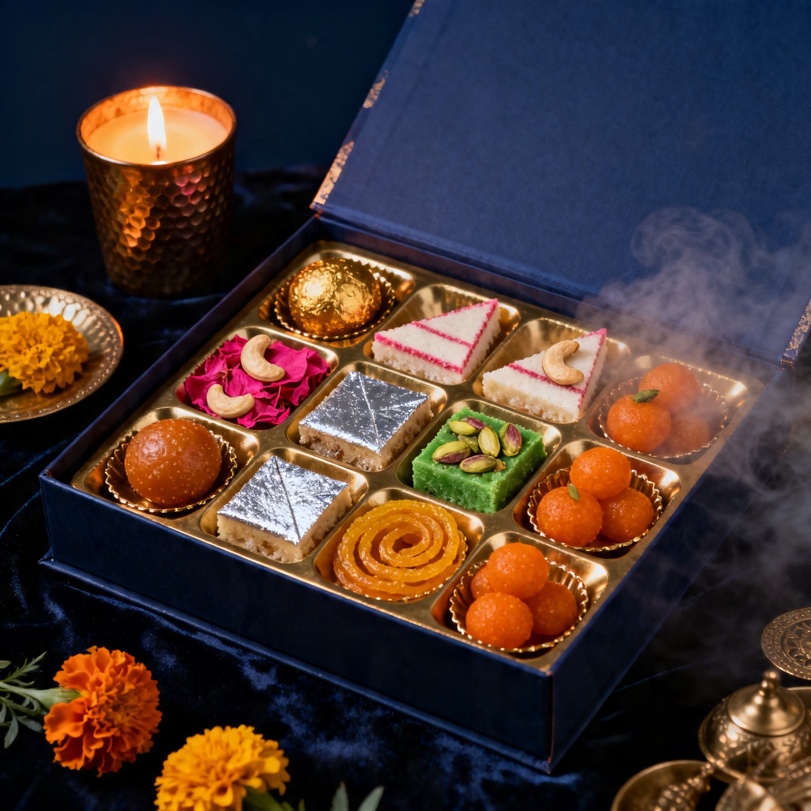 Mithas branded red and orange sweets takeaway box with twelve assorted mithai