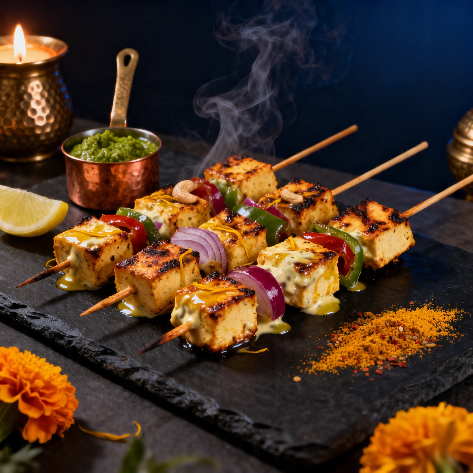Warm Sanur interior with terracotta walls, green tables, woven pendant lamps