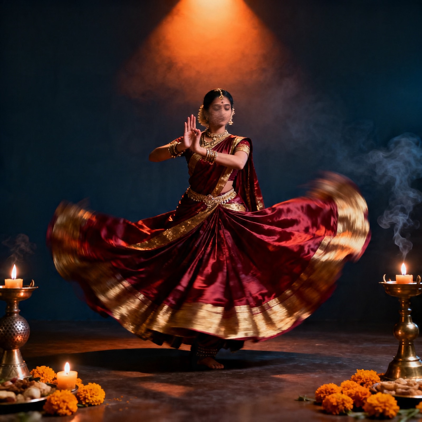 Ibu Pooja mid classical dance in a flowing sari, black and white, motion blur