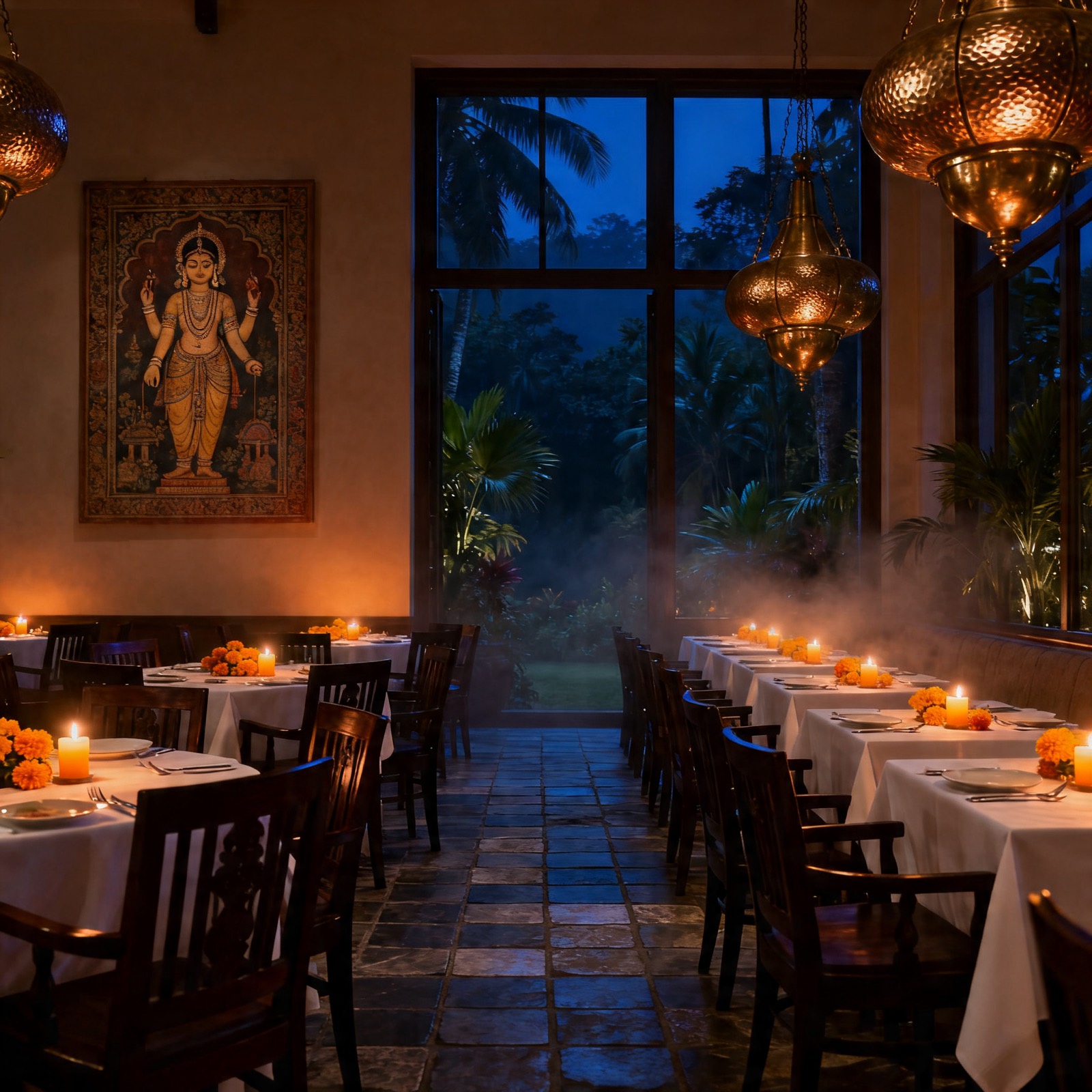 Chandeliers, stone floors, teak chairs and tall forest-view windows inside Taman Gita
