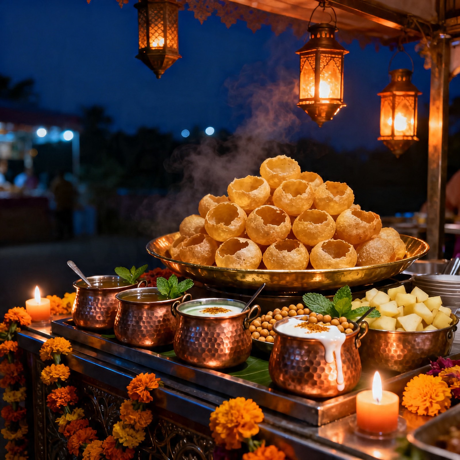 Outdoor pani puri station at Taman Gita with marigold garlands + palm trees