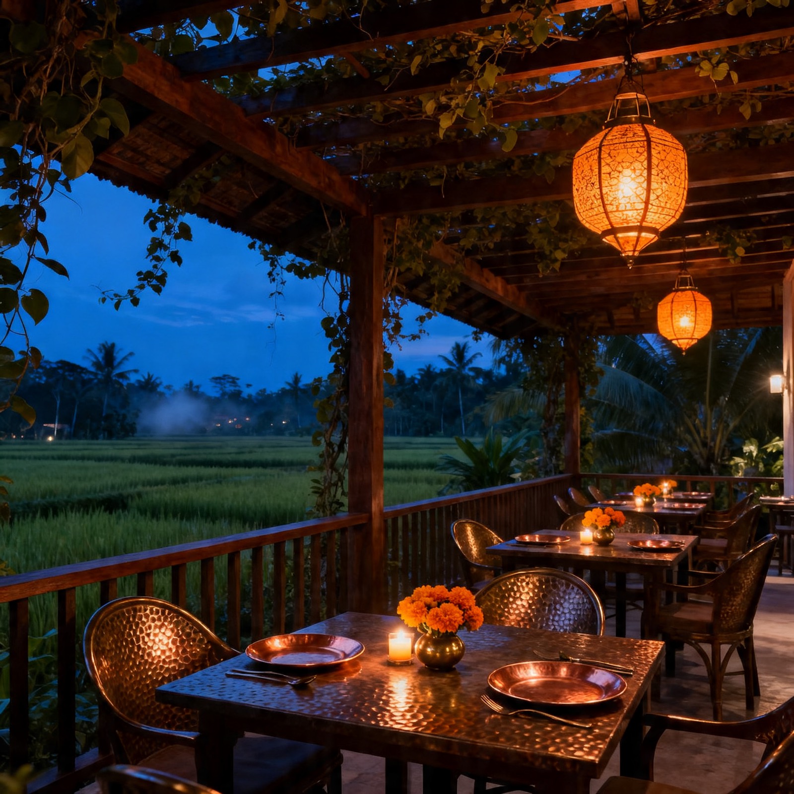 The Chowk Sanur — teak pergola terrace over rice fields