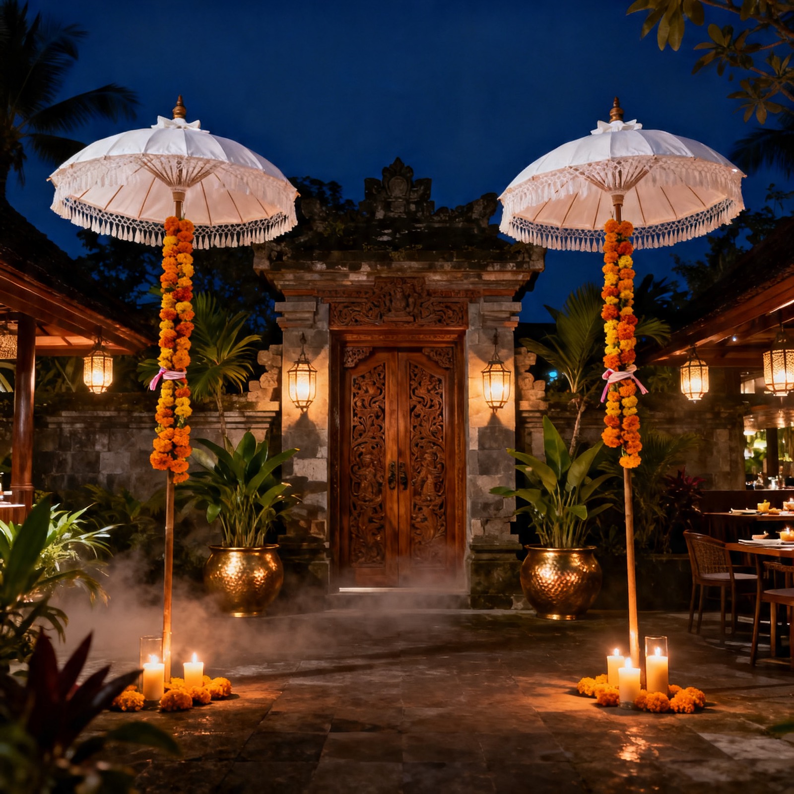 The Chowk Ubud entry flanked by white Balinese ceremonial umbrellas